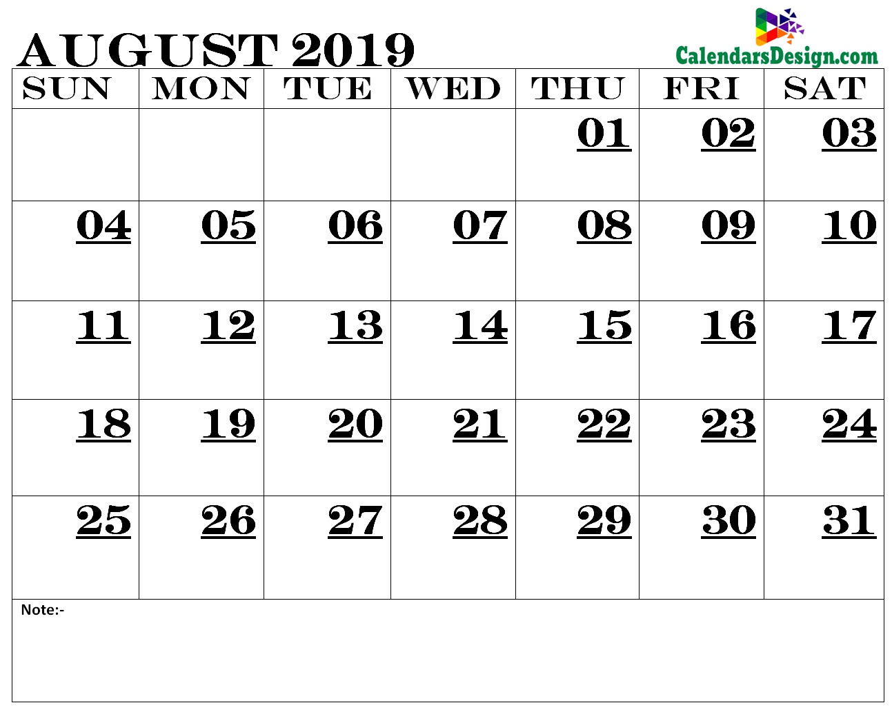 August Calendar 2019 Printable