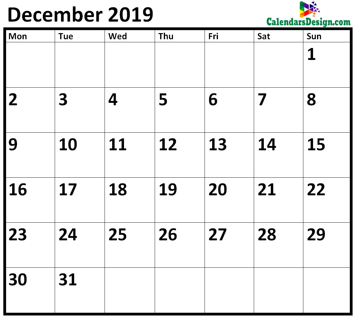 Blank December 2019 Calendar