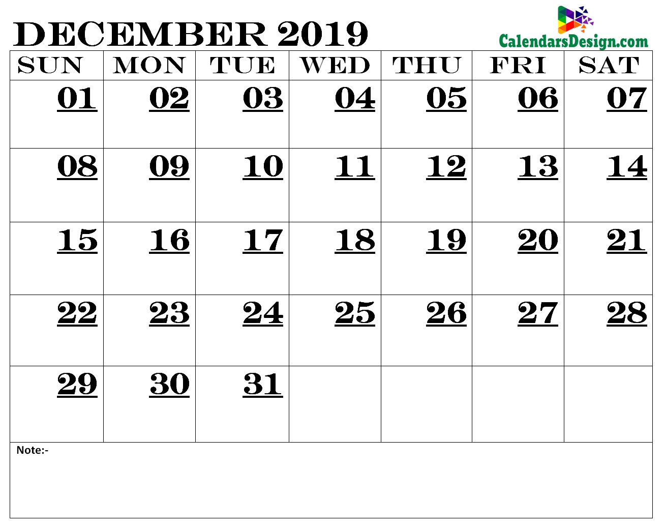 December Calendar 2019 Printable