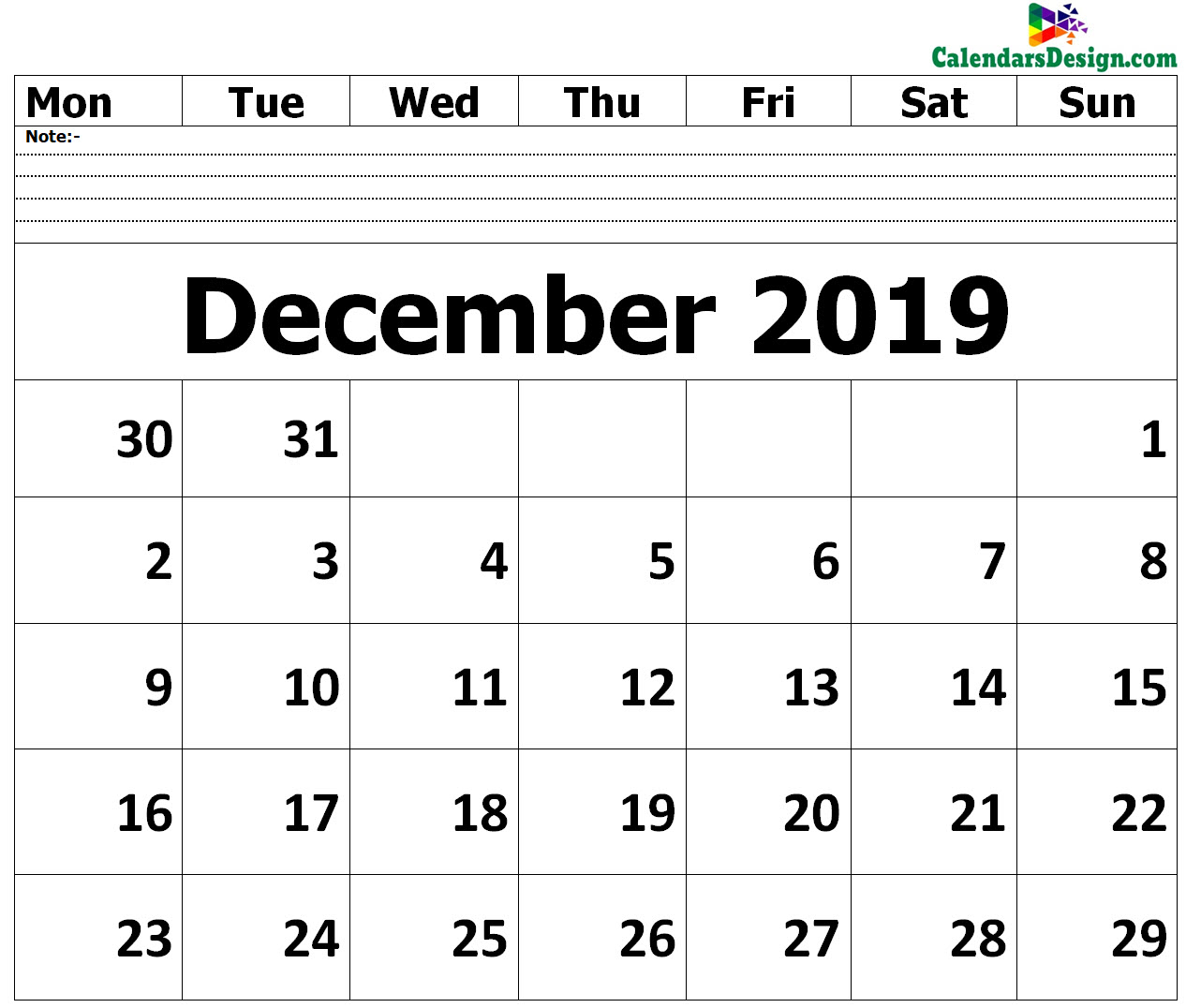 Editable December 2019 Calendar Blank Template