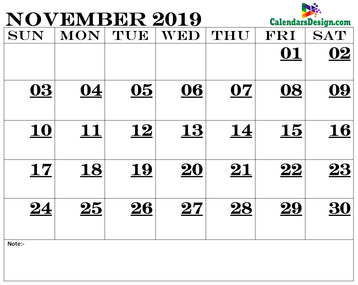 November Calendar 2019 Printable