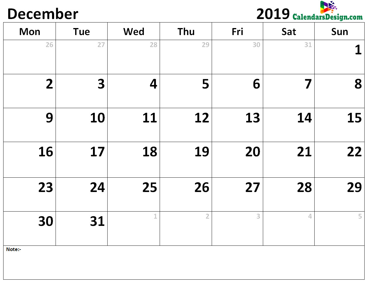 Calendar for December 2019