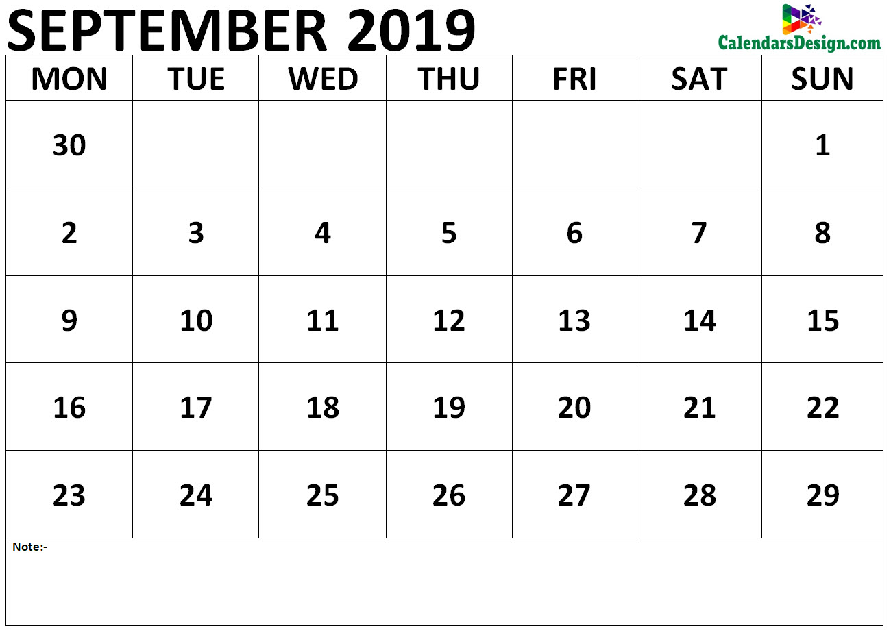 Calendar for September 2019