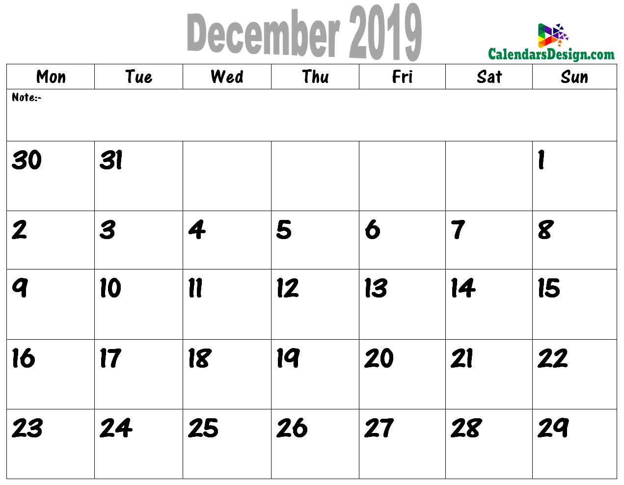 2019 December Printable Calendar PDF