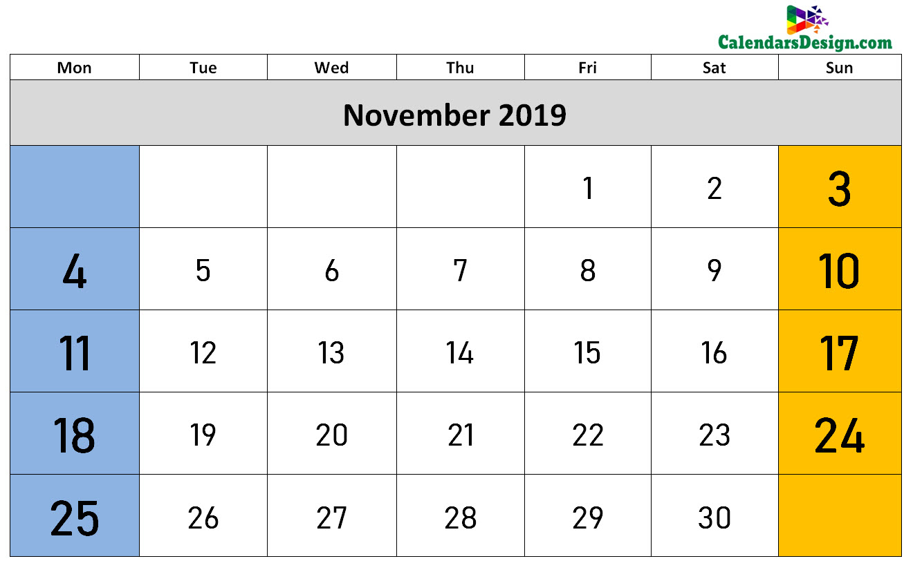 2019 November Calendar Holidays in Word