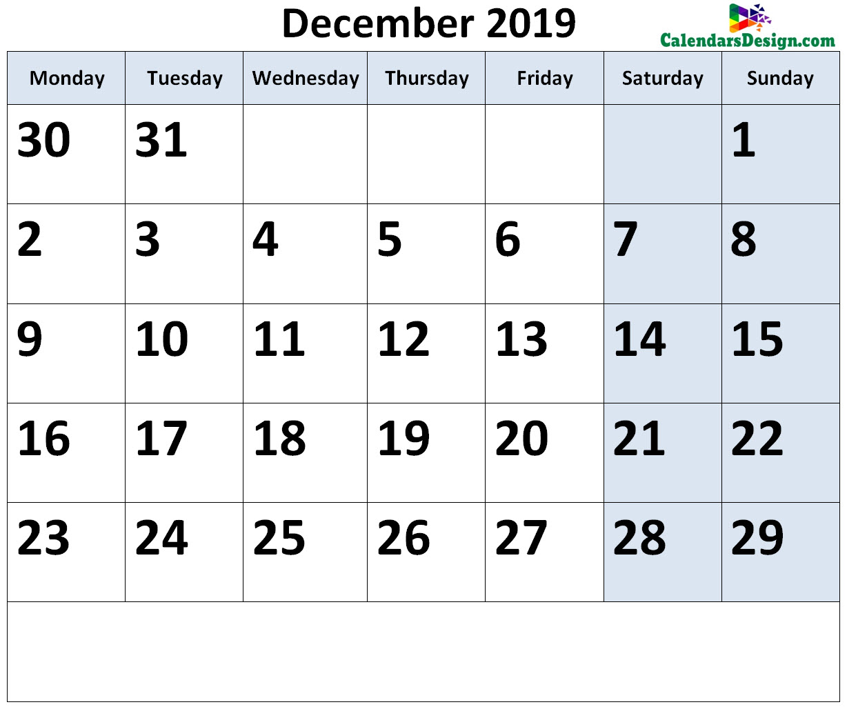 December 2019 Calendar Page