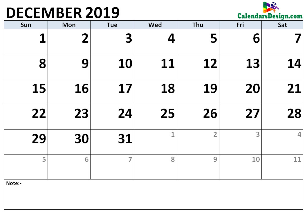 December 2019 Calendar Word Doc