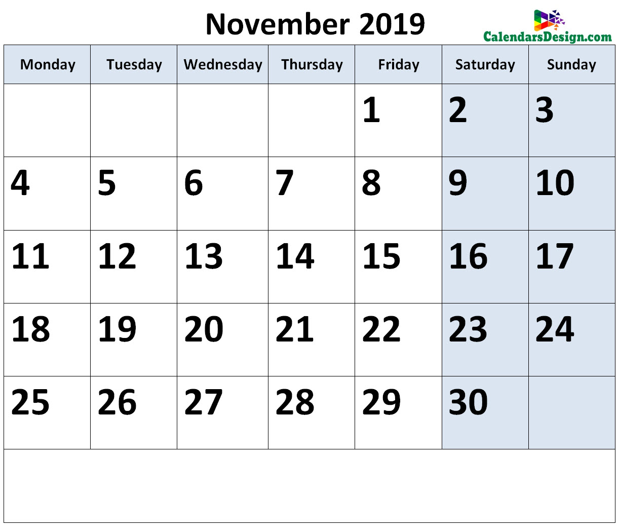 November 2019 Calendar Page