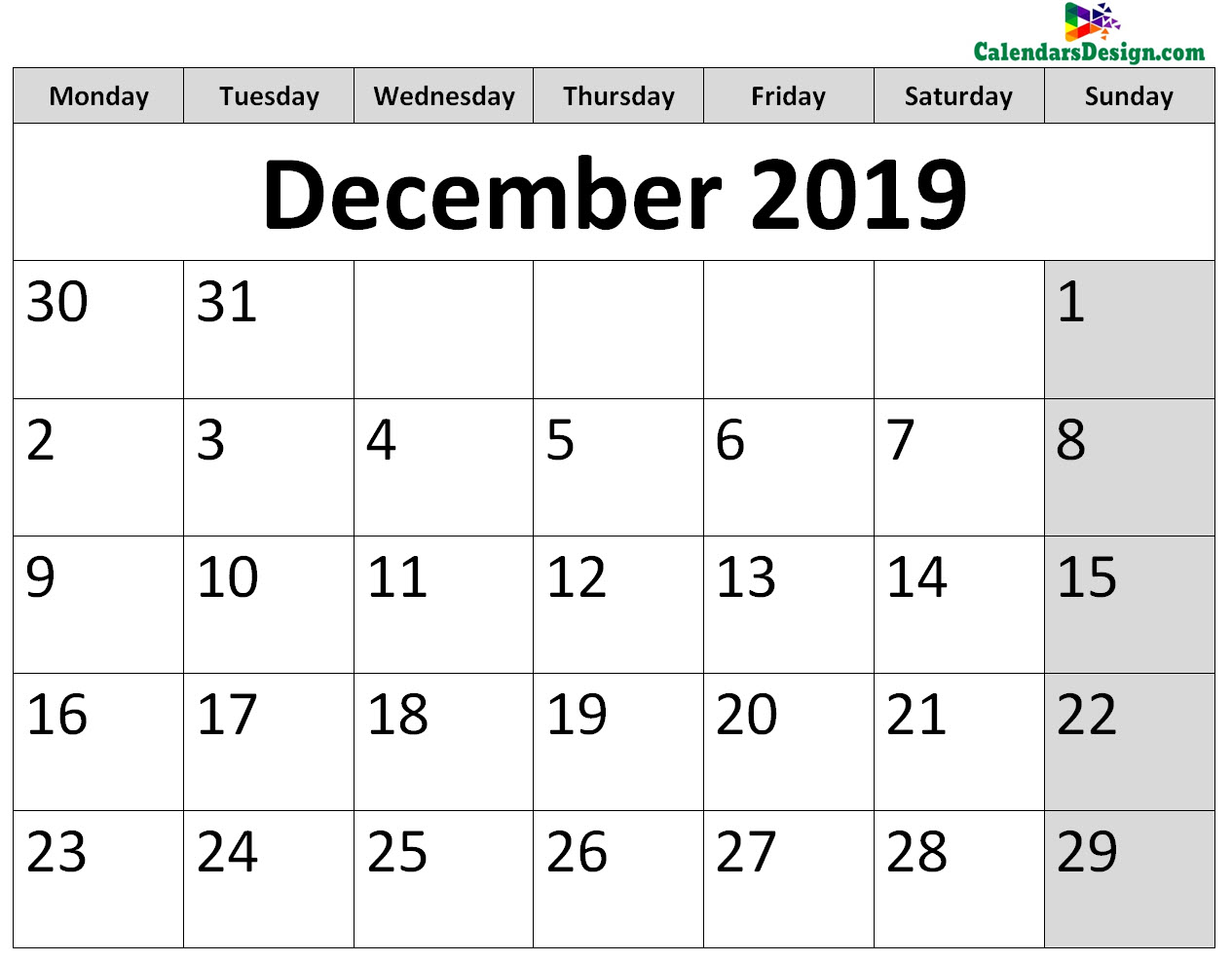 Printable Calendar for December 2019 Page