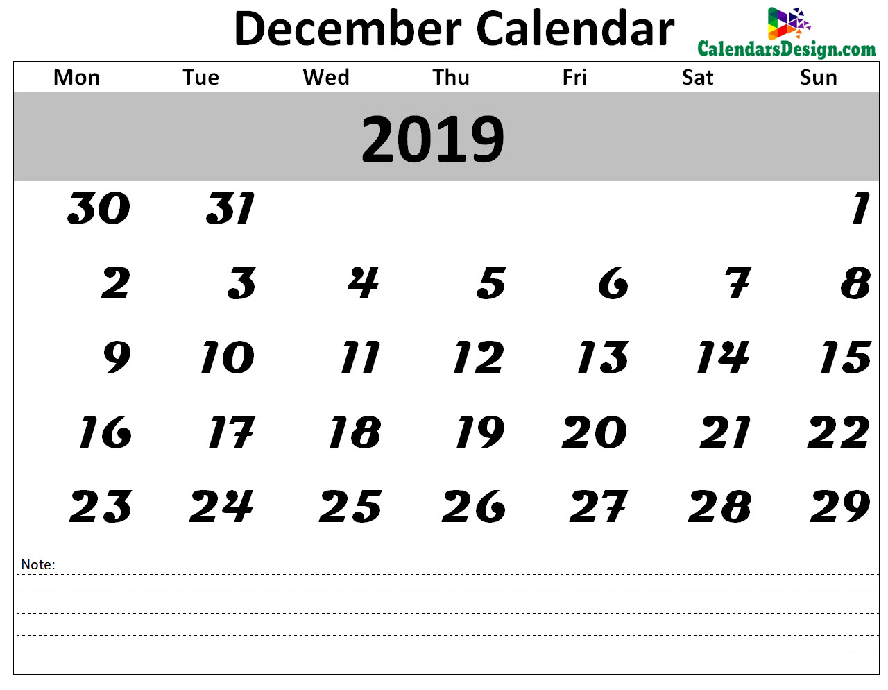 Printable Calendar for December 2019 Templates