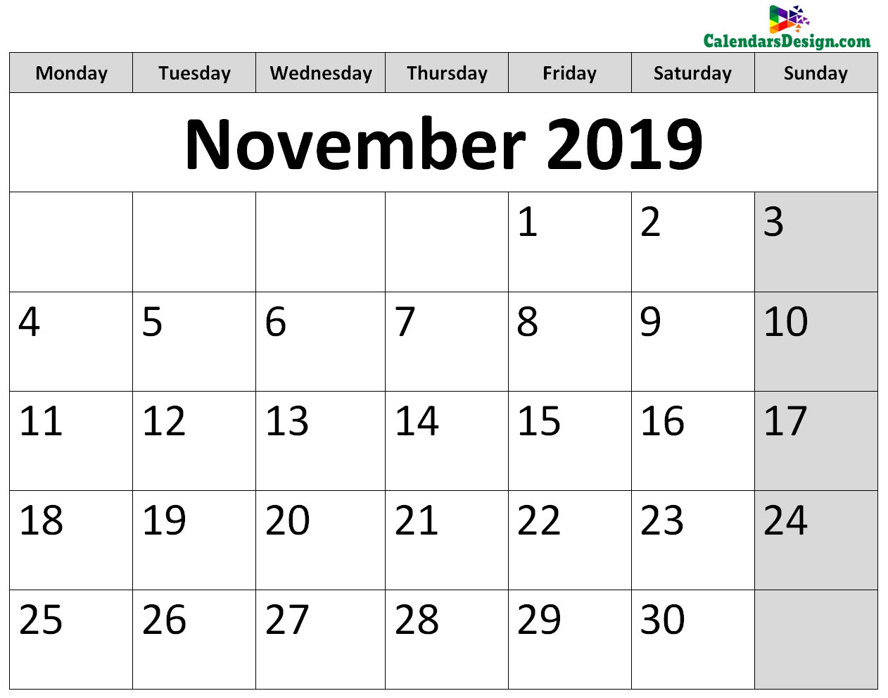 Printable Calendar for November 2019 Page