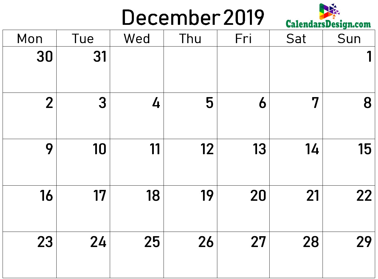 2019 Calendar December Excel Templates