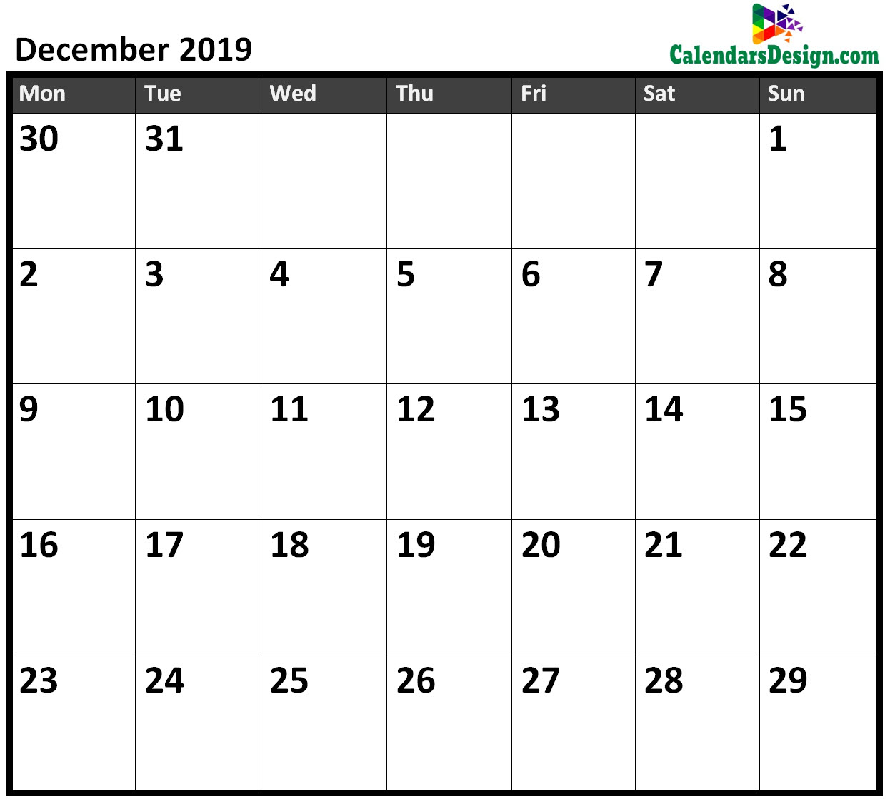 Calendar for December 2019 Excel to Print