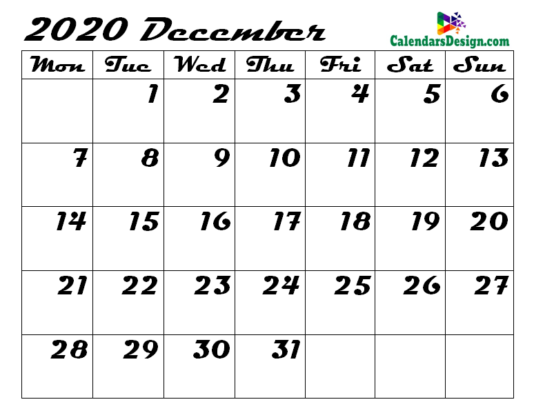 Blank Calendar for December 2020