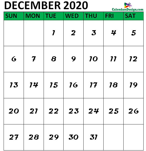 December 2020 Calendar A4 Size