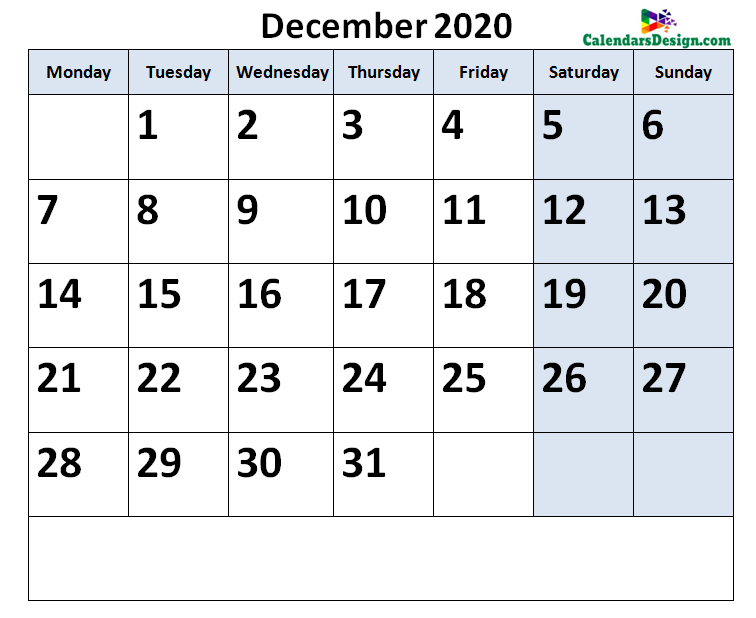 December 2020 Calendar Page
