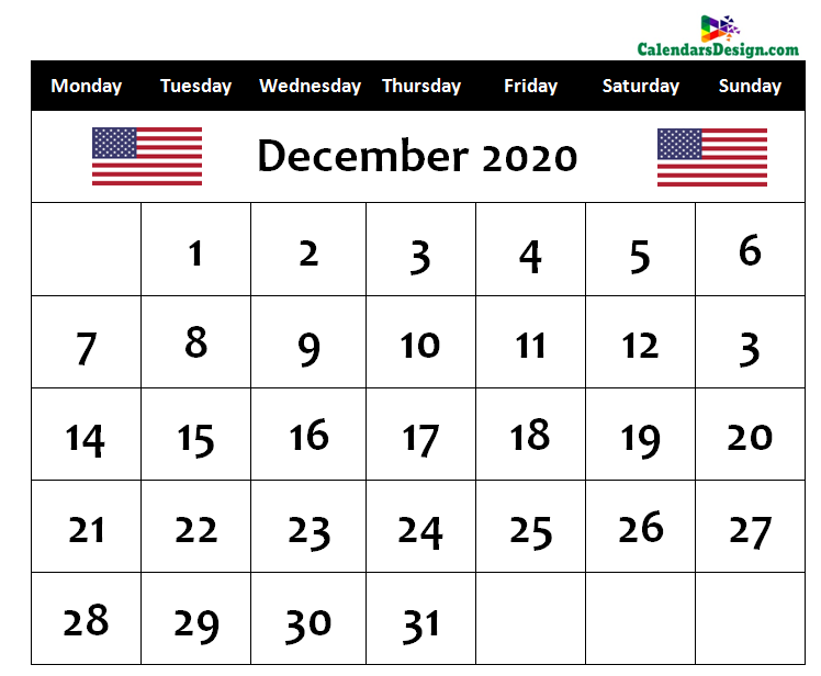 December Calendar 2020 USA