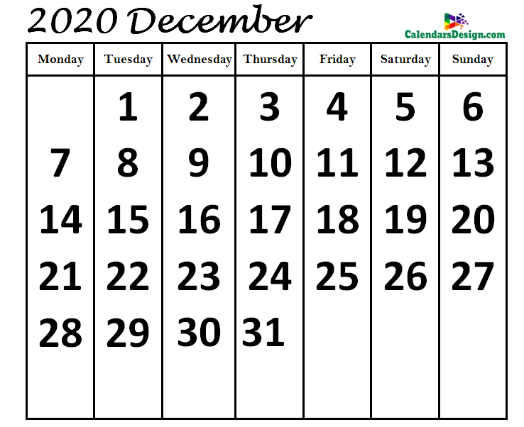 Print December 2020 Calendar in Page Format