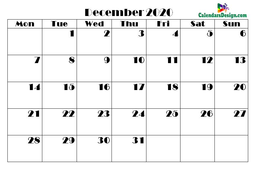 Printable Calendar for December 2020 PDF