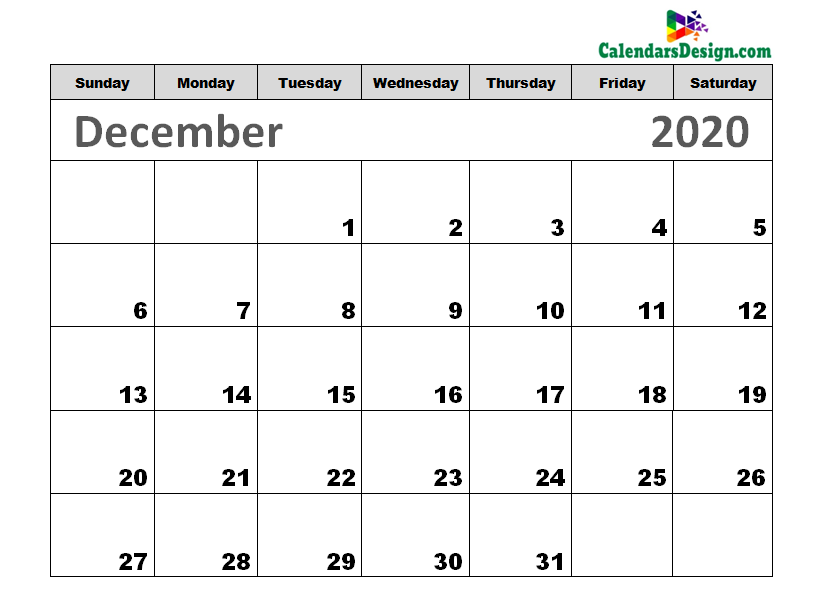 Printable Calendar for December 2020