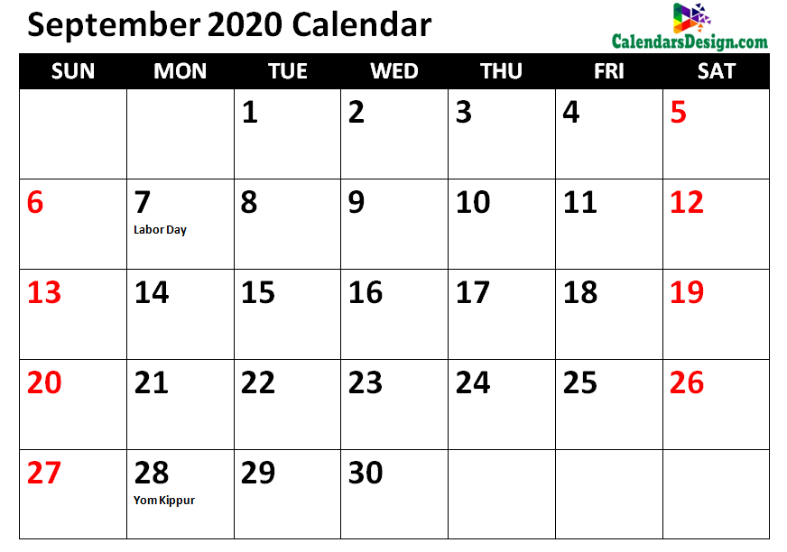 September 2020 Calendar With Holidays Printable