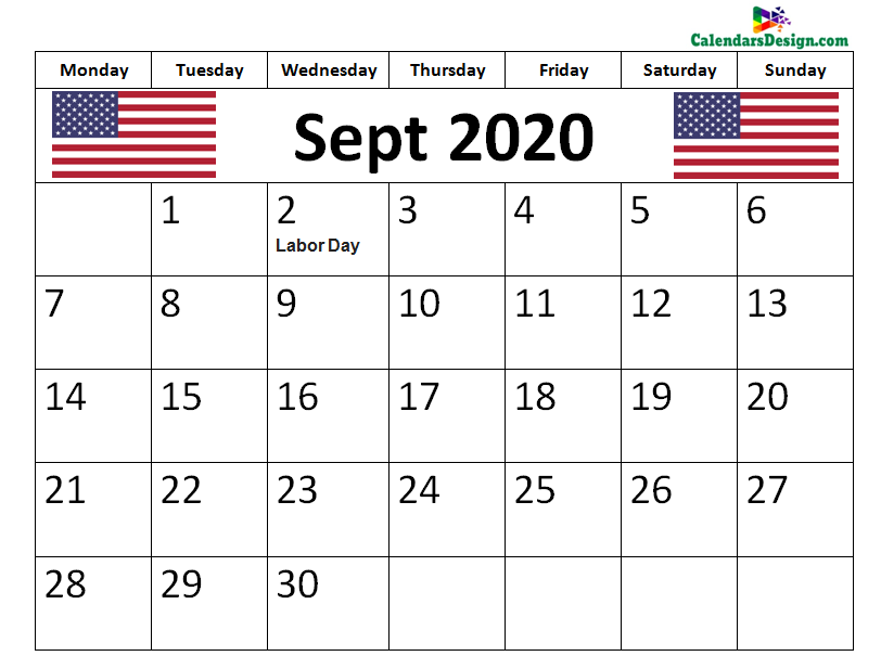 September Calendar 2020 USA