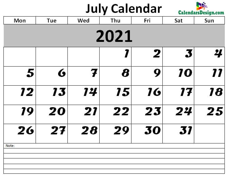 2021 Calendar July Excel Templates