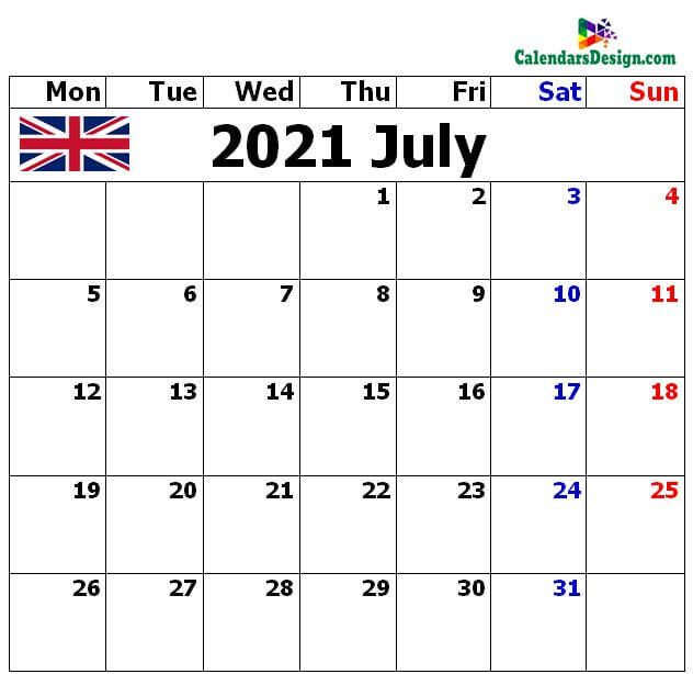 2021 July Calendar UK