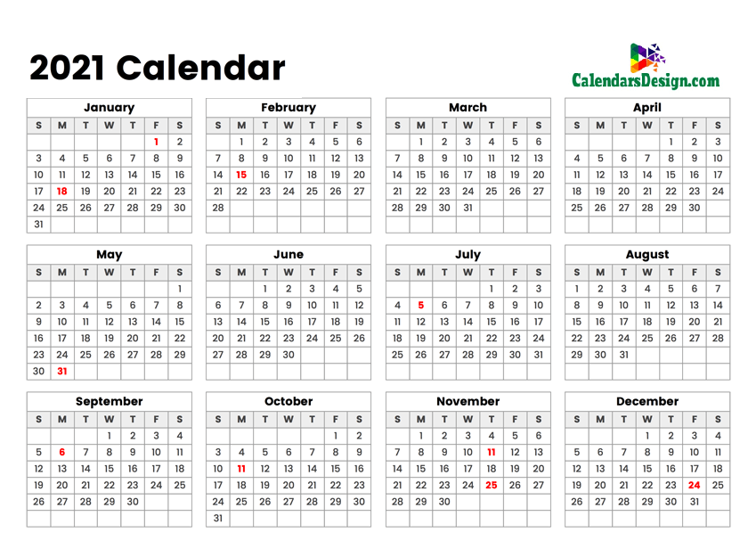 2021 year 12 month calendar