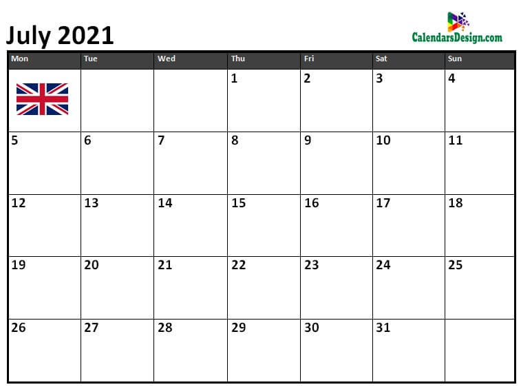 Calendar for July 2021 UK