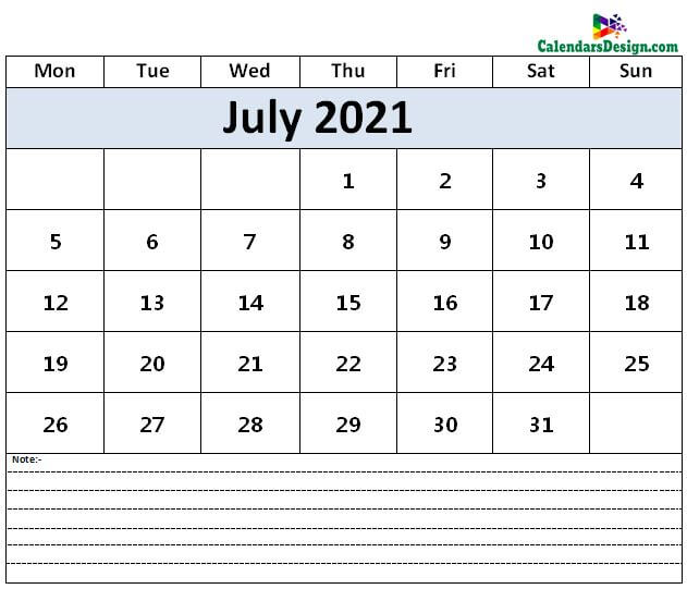 Calendar for July 2021