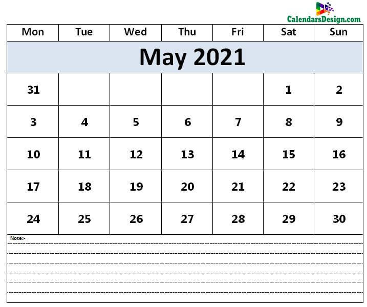 Calendar for May 2021