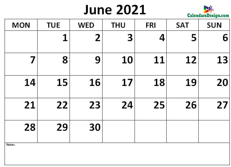 Calendar of June 2021