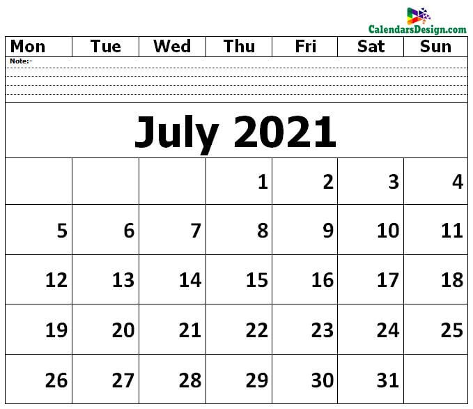 Editable July 2021 Calendar Blank Template