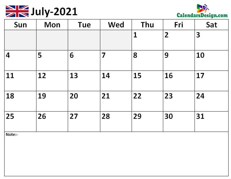 July 2021 Calendar UK With Holidays