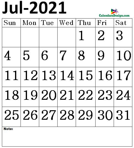 July 2021 Calendar letter