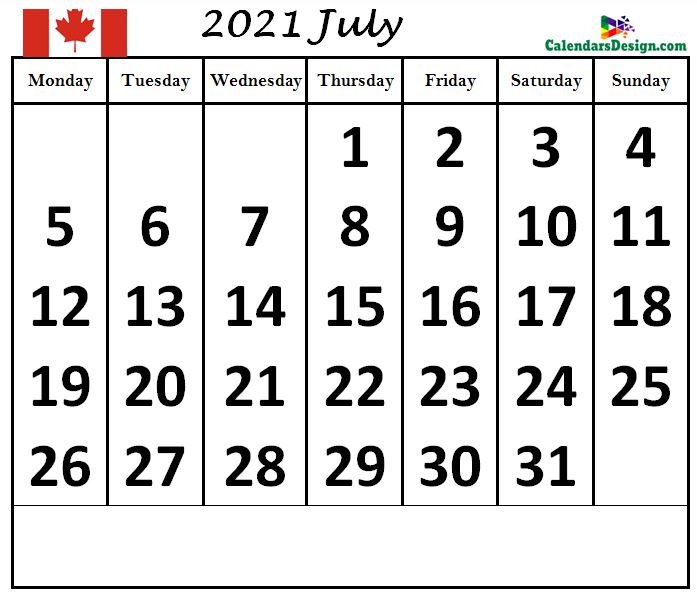 July 2021 Canada calendar