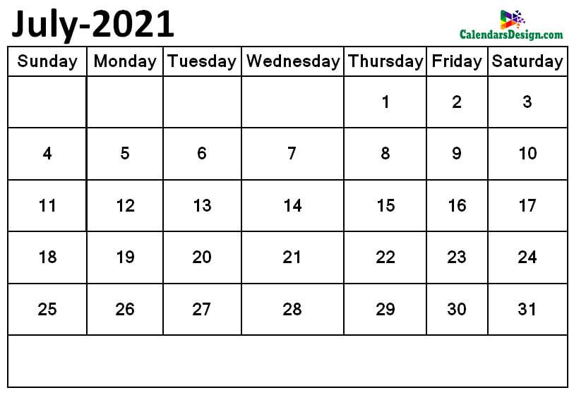 July 2021 Monthly calendar