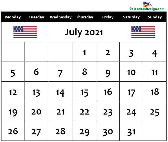 July 2021 US calendar