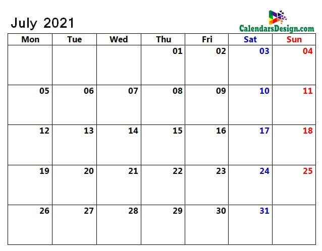 July 2021 calendar blank