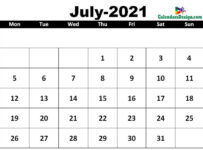 July 2021 calendar template in excel