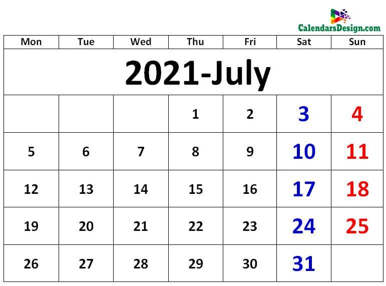 July 2021 excel calendar