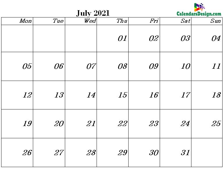 July 2021 word calendar download