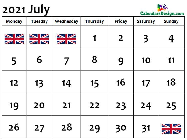 July Calendar 2021 UK