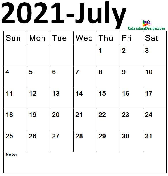 July calendar 2021 sizes