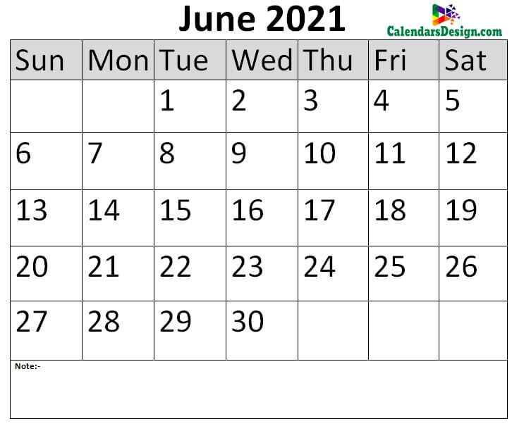 June 2021 Calendar Blank Template