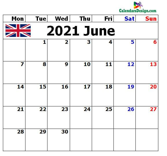 June 2021 Calendar UK