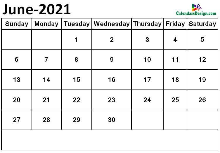 June 2021 Monthly calendar