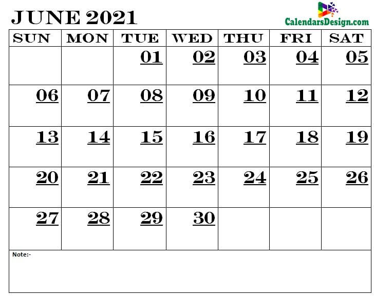 June Calendar 2021 Printable