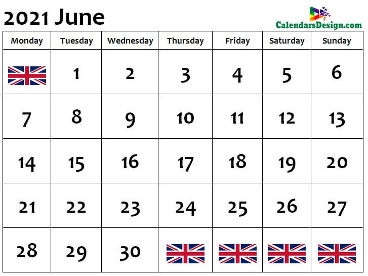 June Calendar 2021 UK
